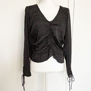 H&M conscious black red‎ hearts puff sleeve ruched front blouse long sleeves NEW